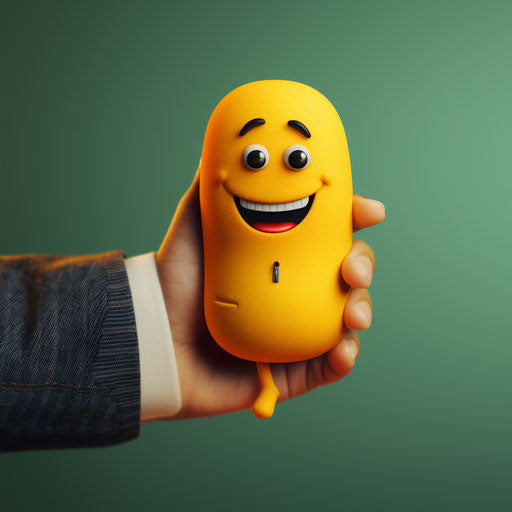 Hand in pocket shaped as happy emoji, ironic style