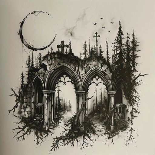 Flat tattoo sketch of a vampire's crypt with Gothic arches and spooky ambiance