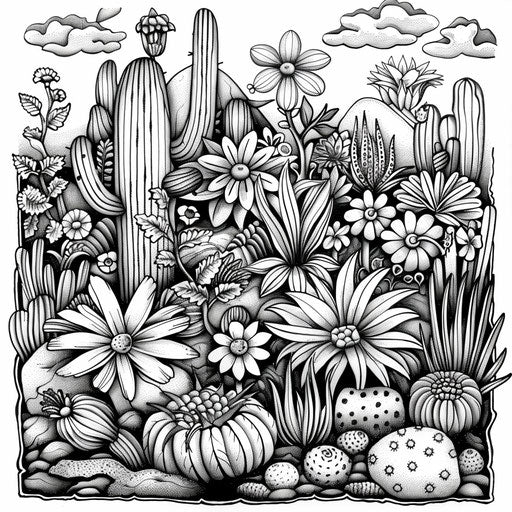 Intricate floral desert with whimsical cacti