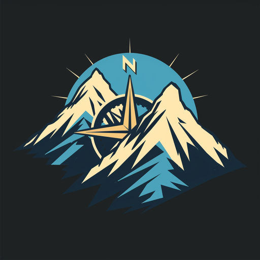 Outdoor gear company logo, mountains and compass