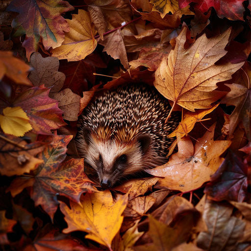 Hedgehog curled up in a bed of autumn leaves