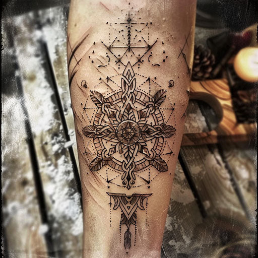 Elegant flat tattoo sketch of a rune with an intricate mandala design in soft earth tones
