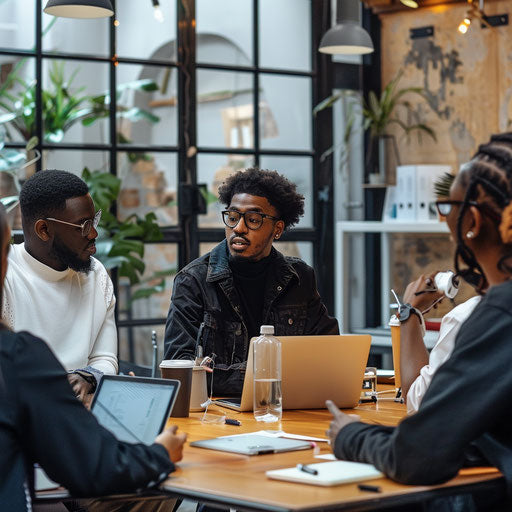 Clean business images layout with diverse team collaborating in meeting room