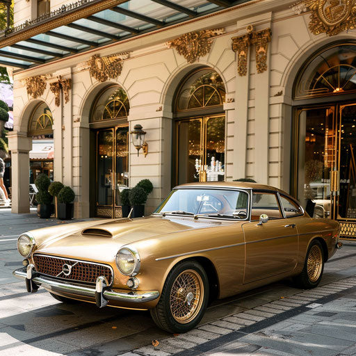Luxury reinvented: a 1966 Volvo P1800 with gold trim and leather interior, parked outside a prestigious hotel.