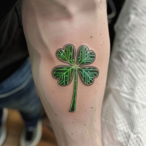 Futuristic glowing green lines tattoo of shamrock on white background