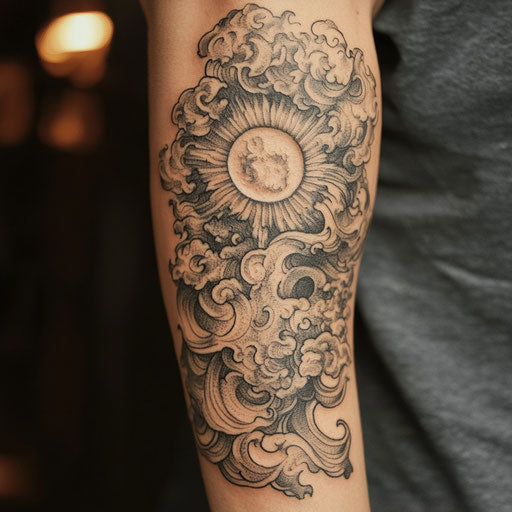 Inner arm tattoos of a celestial sun and moon with swirling clouds