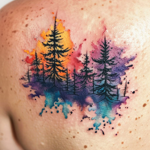 Watercolor tattoo art of a forest at sunrise