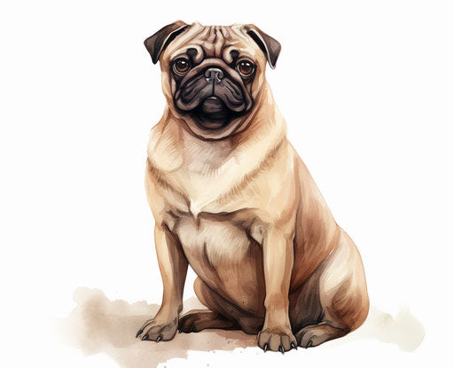 Adult pug sitting - raw, confrontational figures