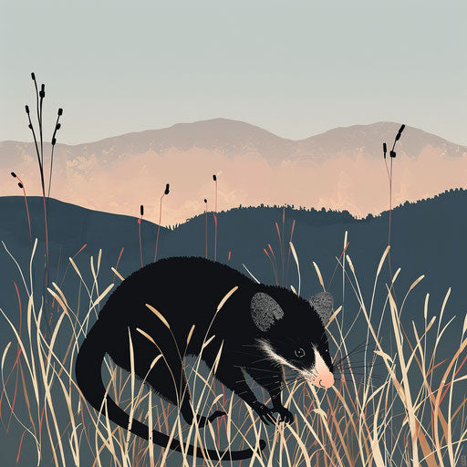 A white-tail possum moving through tall grass field, mountains silhouette.