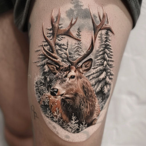 Realistic tattoo of a majestic stag on snowy white background