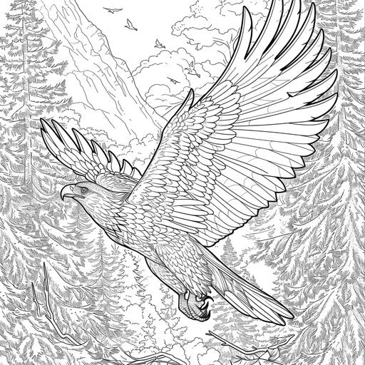 Eagle flying over a dense forest with trees and wildlife