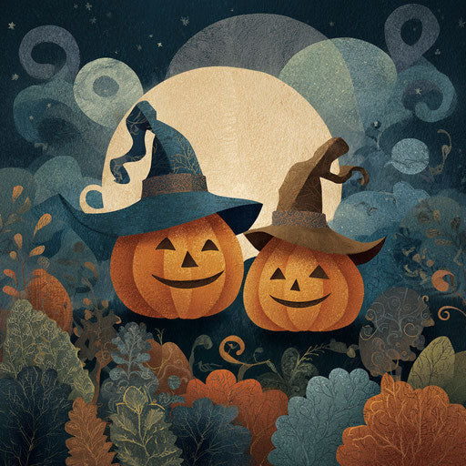 Festive Halloween illustration with pumpkin and hats