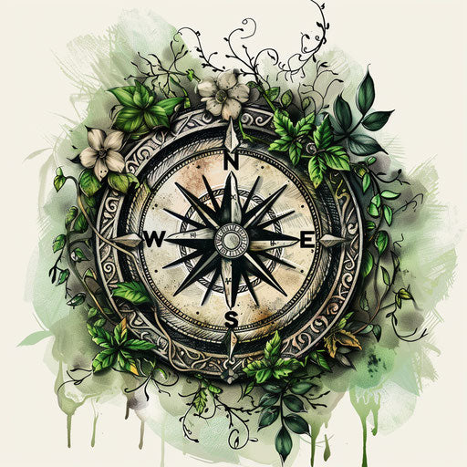 Botanical tattoo sketch of a Viking compass, clipart style with leafy designs and floral motifs