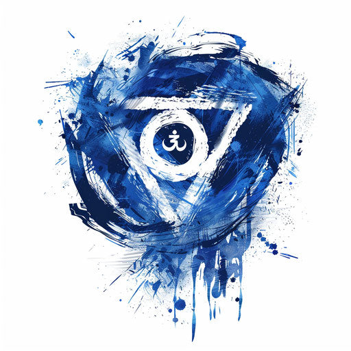 Throat Chakra tattoo illustration in brush stroke style, blue paint strokes on a white background