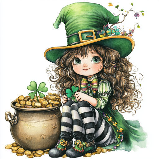 Cute girl with gold coins and four-leaf shamrocks