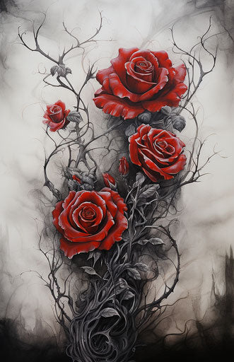 Wall sticker of red roses, tattoo style, dark silver and white