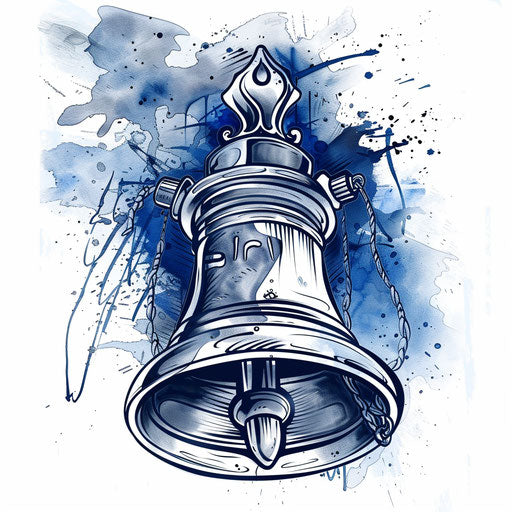 Drawing of a liberty bell tattoo design, old school American style with deep blue and black, on white background.
