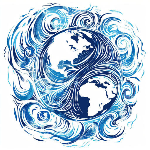 Dynamic flat tattoo sketch of a globe with swirling wind patterns, vivid whites and blues, clipart style