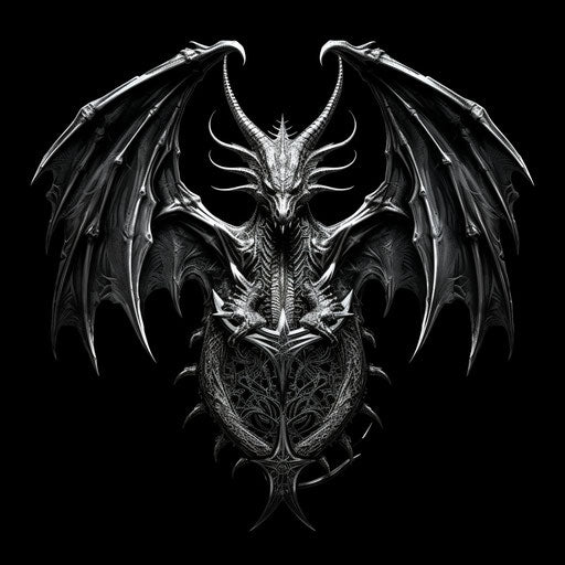Black and white dragon tattoo in Anglo-Gothic style