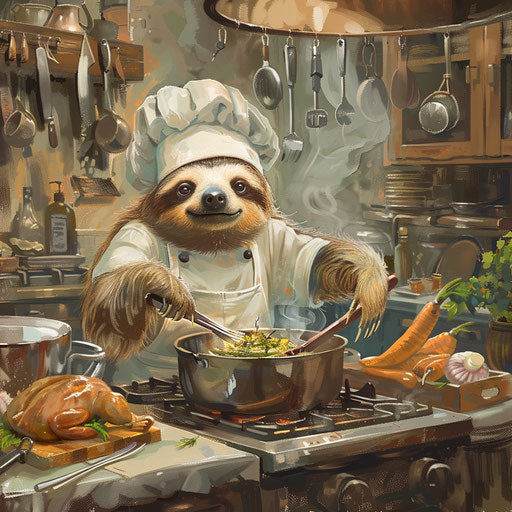 The sloth chef in a gourmet kitchen
