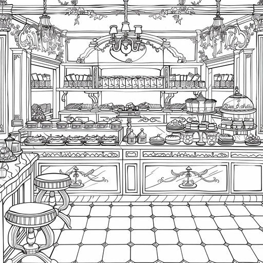 Stylish candy store, Megan Hess style coloring book page