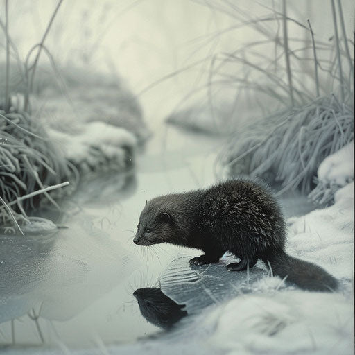 Young fox cautiously approaching frozen pond in snowy landscape