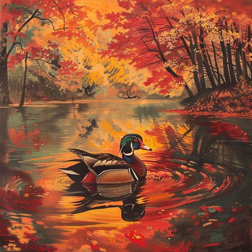 Duck on wood floating on lake surrounded by trees with fiery leaves