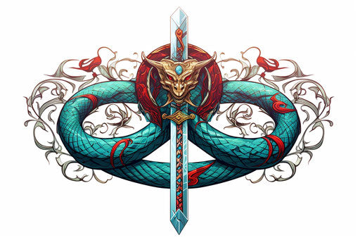 Snake and two swords on white background, tattoo style, colorful