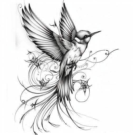 Art Nouveau inspired swallow tattoo design, flowing lines and natural motifs, on a pure white background