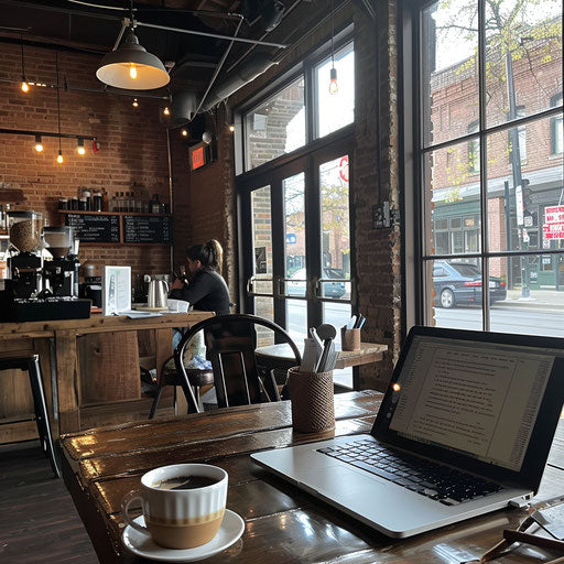 Tranquil café scene with person working on financial reports