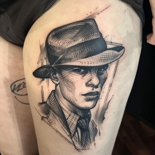 Black and grey ink tattoo of a classic gangster with a fedora hat, on white background