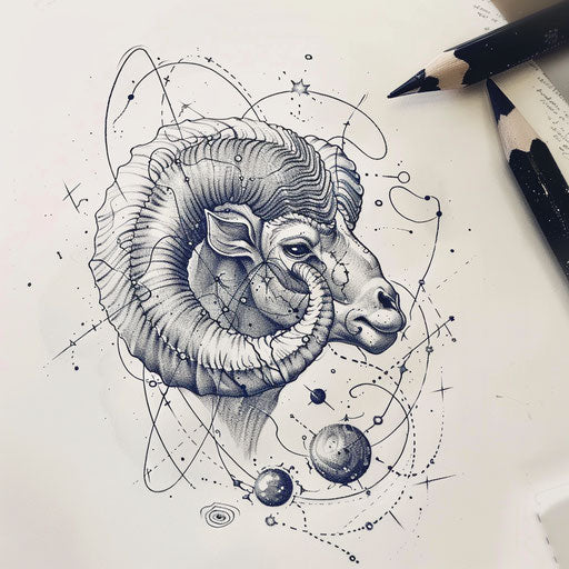 Celestial-themed Aries constellation tattoo sketch with galaxies and nebulae