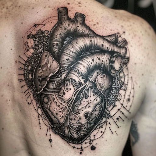Anatomical heart tattoo with metallic clockwork elements on white