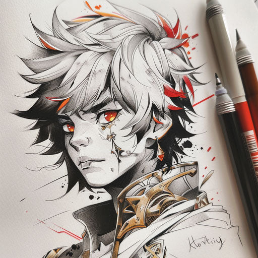 Anime-inspired tattoo sketch of a young knight with oversized eyes and dramatic coloring