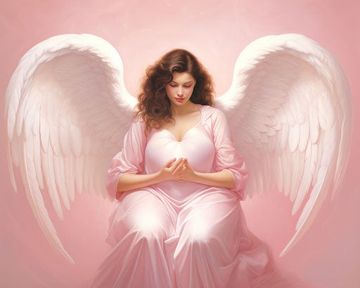 Red love heart with angel wings, botero style, light colors
