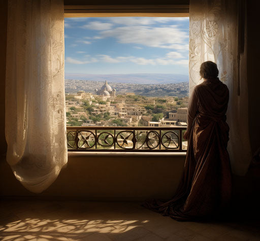Woman looking at the namaz from a balcony, biblical grandeur 29:27