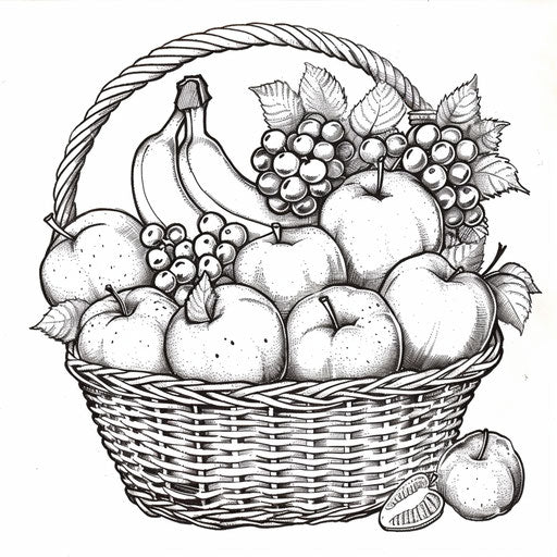 Basket of various fruits to learn and color