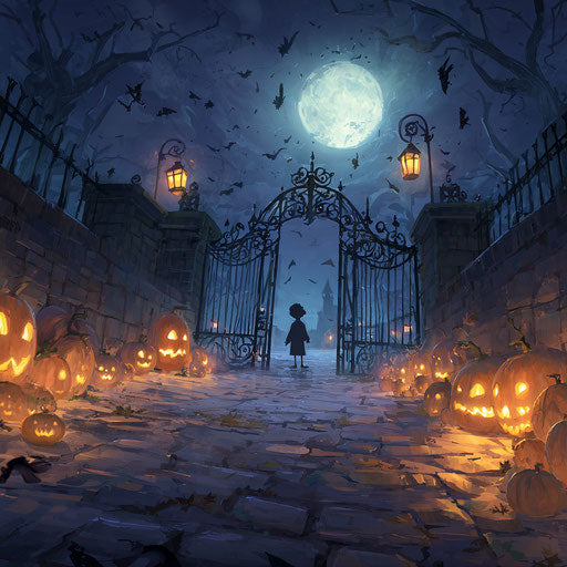 Haunting Halloween Night with Ghost and Jack-o'-Lanterns