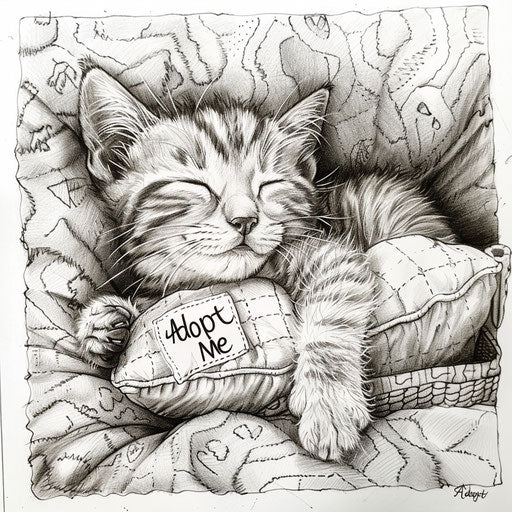 Whimsical scene of a kitten sleeping in a bed with an 'Adopt Me' pillow. Coloring book page