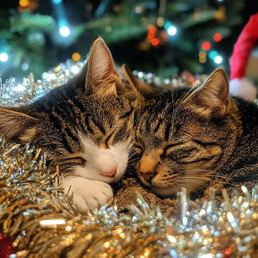 Two cats snuggled in Santa's sleigh decoration