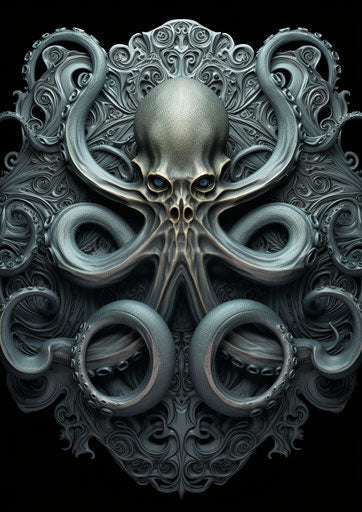 Engraving of an octopus in monochromatic graphic design style