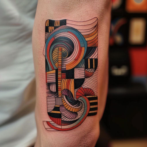 Geometric pattern cover up tattoo in the style of Steve Sack