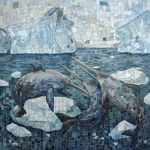 Narwhals playing in the wake of a melting iceberg