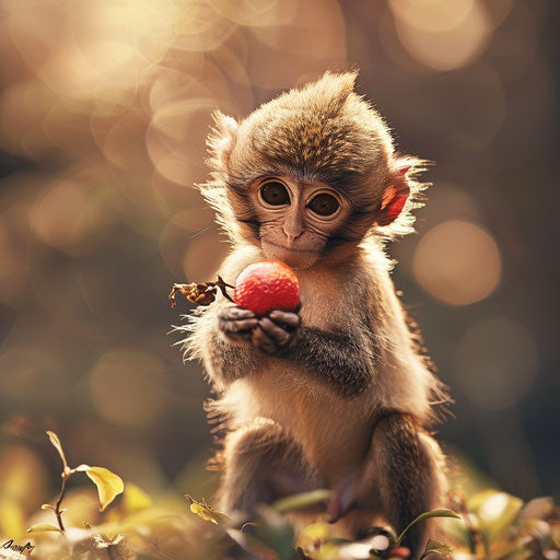 Adorable monkey with a tiny fruit
