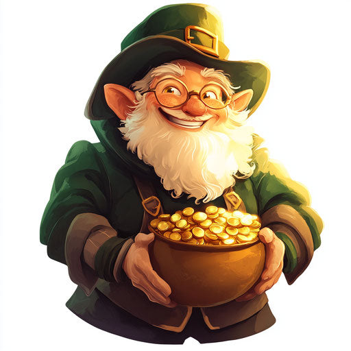 Leprechaun with pot of gold on white background, Pixar style
