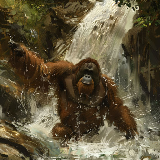 Orangutan playing in a waterfall in the style of Aaron Blaise