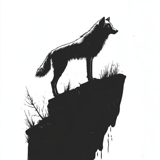 Lone wolf on cliff - Clipart style black tattoo