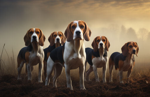 Pack of beagles on icy field, dark white and orange style, rusticcore