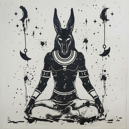 Anubis stencil in a serene pose with stars and moons
