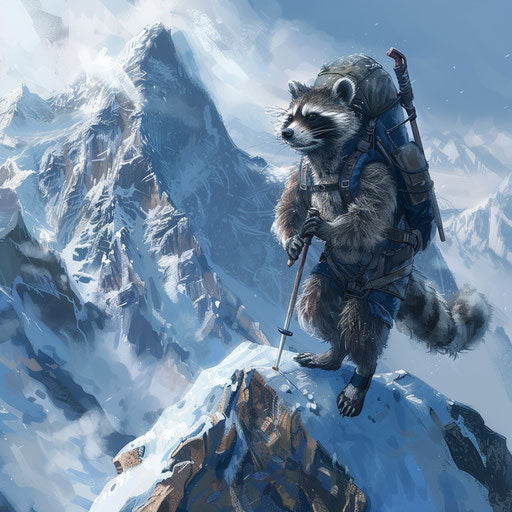 A raccoon mountaineer scaling the world's tallest mountains.